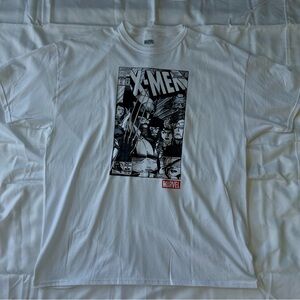 white Marvel graphic t-shirt.